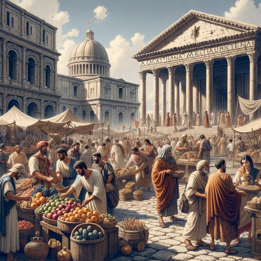A vibrant depiction of everyday life in a Roman marketplace.