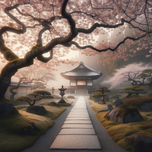 Ein ruhiger Pfad mit Kirschblüten, der zu einem alten buddhistischen Tempel führt, umgeben von einer minimalistischen japanischen Gartenszene.