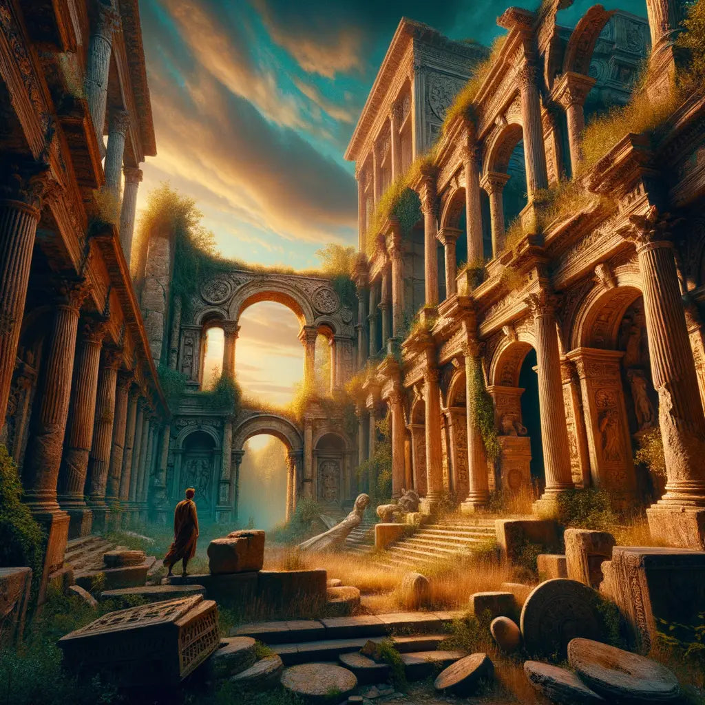 Ancient Roman ruins overgrown with vegetation under a blue sky, evocative of Livy's lost works and the aura of history.