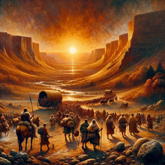 Ancient tribes migrating across European landscapes, with Gothic inscriptions blending into modern scenes, symbolizing the transition of East Germanic languages.