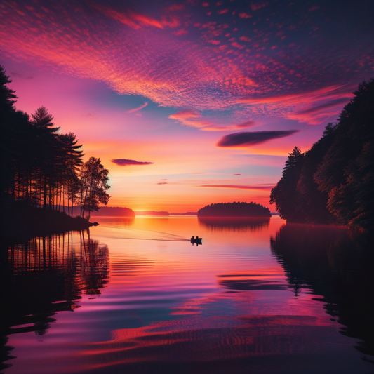 A peaceful sunset reflected on the surface of a lake, surrounded by trees.