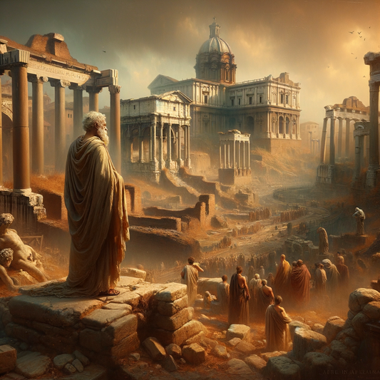 Ancient Roman forum with a philosopher and citizens, illustrating grandeur and decay in a 1960s film style.
