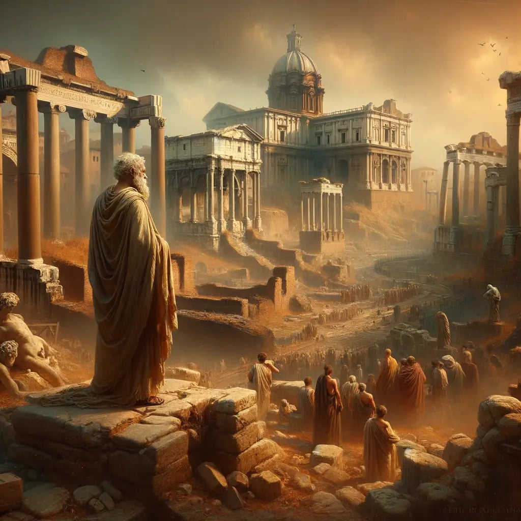 Ancient Roman forum with a philosopher and citizens, illustrating grandeur and decay in a 1960s film style.