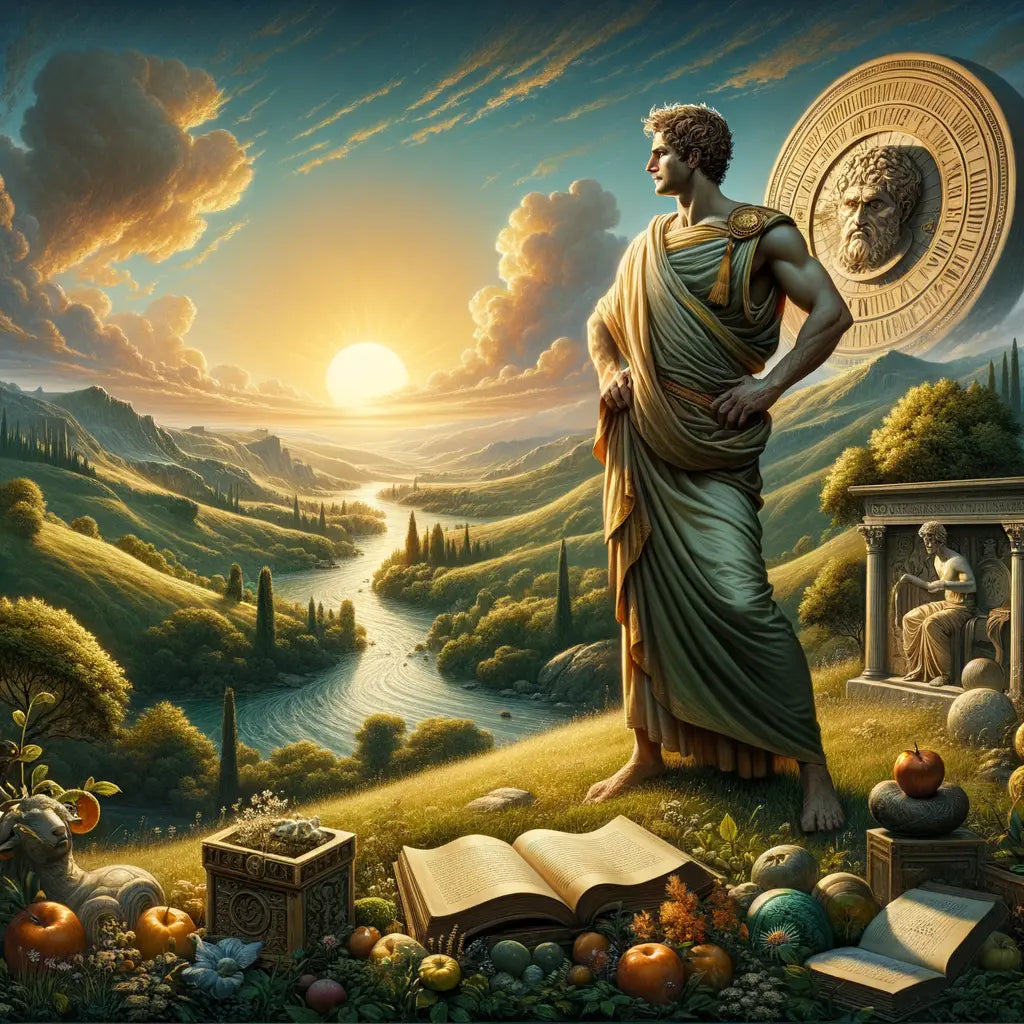 An ancient Roman philosopher, possibly Marcus Aurelius, gazes over a flowing river, surrounded by symbols of Stoic philosophy like open books and a sundial, in classic historical film style.