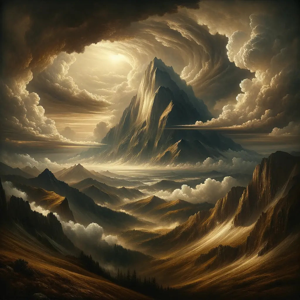 A serene mountain standing firm amid a turbulent storm, embodying stoicism with calm and strength, painted in the style of classic 1960s epics.