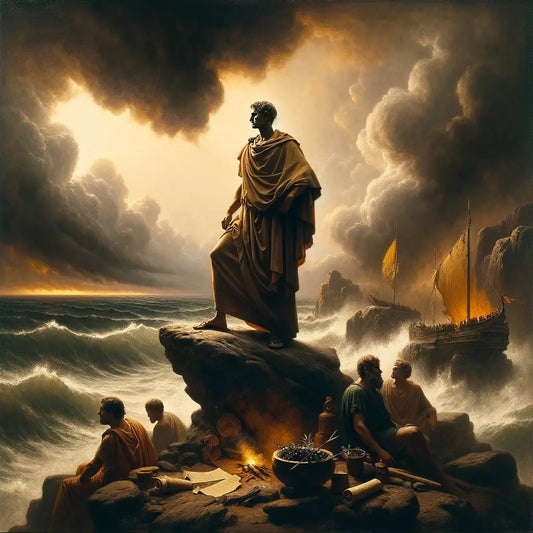 A Stoic philosopher stands firm amidst a storm, surrounded by symbols of wisdom, evoking the atmosphere of a classic 1960s historical epic film.
