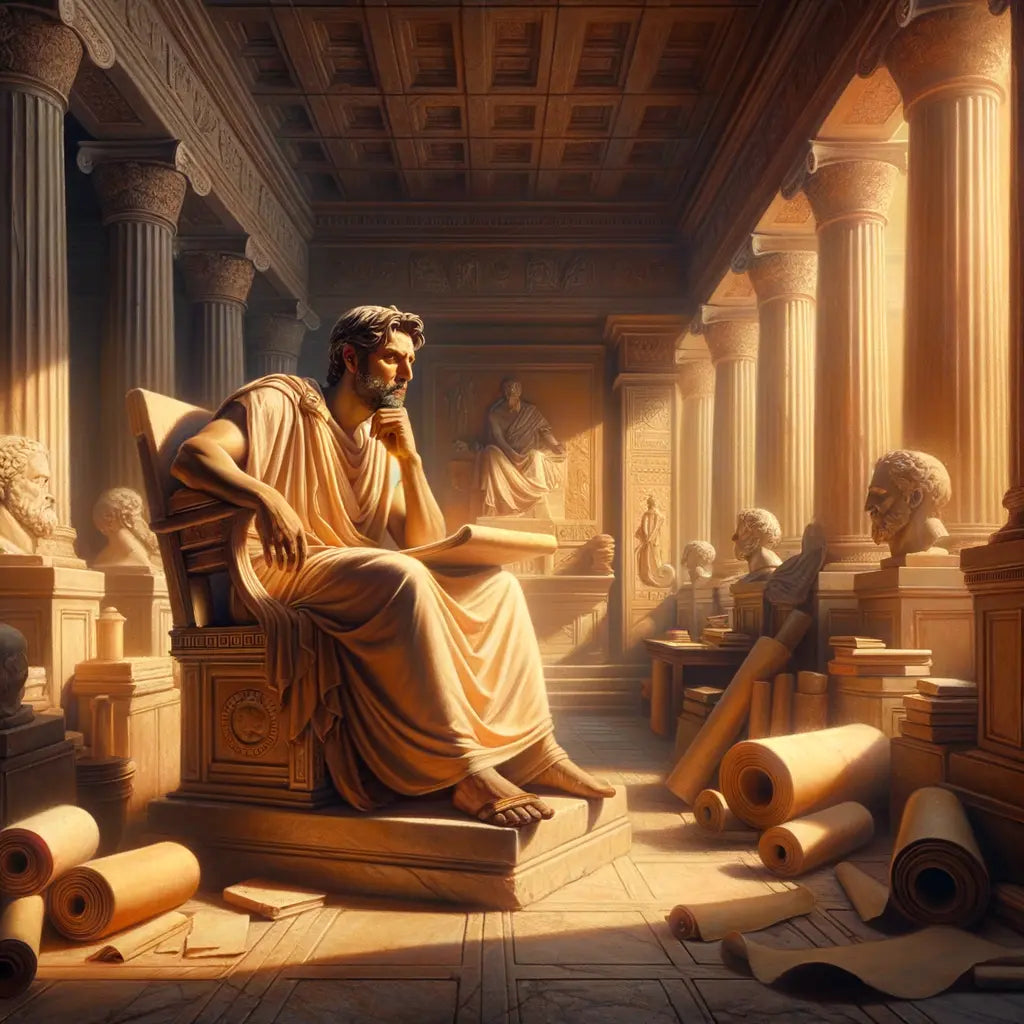 An ancient Greek philosopher surrounded by scrolls and books, in a classical setting, inspired by 1960s historical epic films.