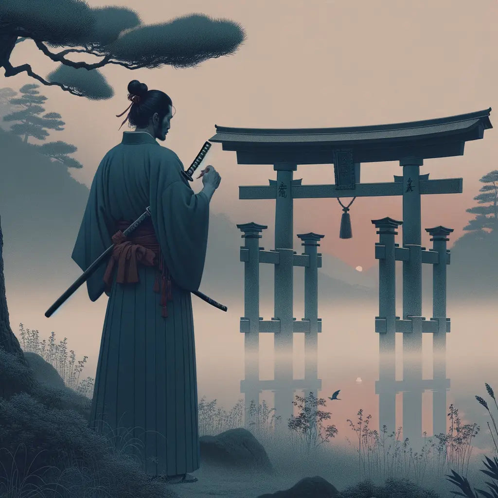 Ein einsamer Samurai neben einem schlichten Torii-Tor im morgendlichen Nebel, in ruhigen, natürlichen Farben und minimalistischem japanischen Stil.