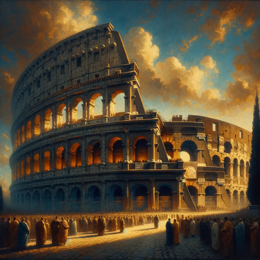 The Colosseum in Rome bathed in golden sunset light against a clear sky, capturing its ancient grandeur and architectural brilliance.