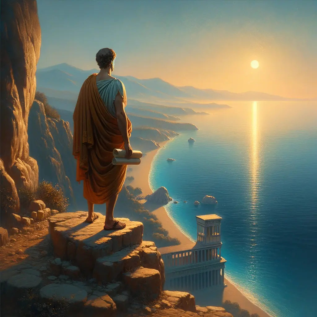 Roman philosopher on a cliff overlooking a vast sea, symbolizing Stoic introspection, in the style of 1960s historical epics.