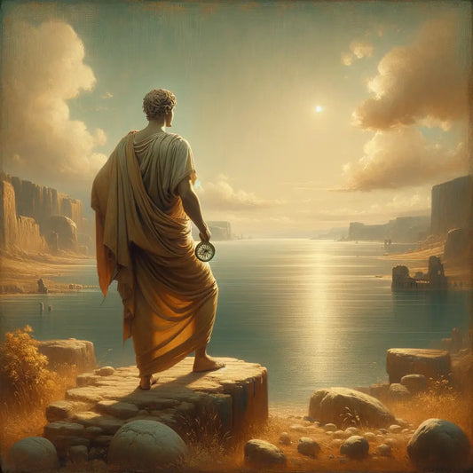 A Stoic figure in modern Roman attire holding a compass by the vast sea, with a thoughtful gaze, styled like a 1960s historical film epic.