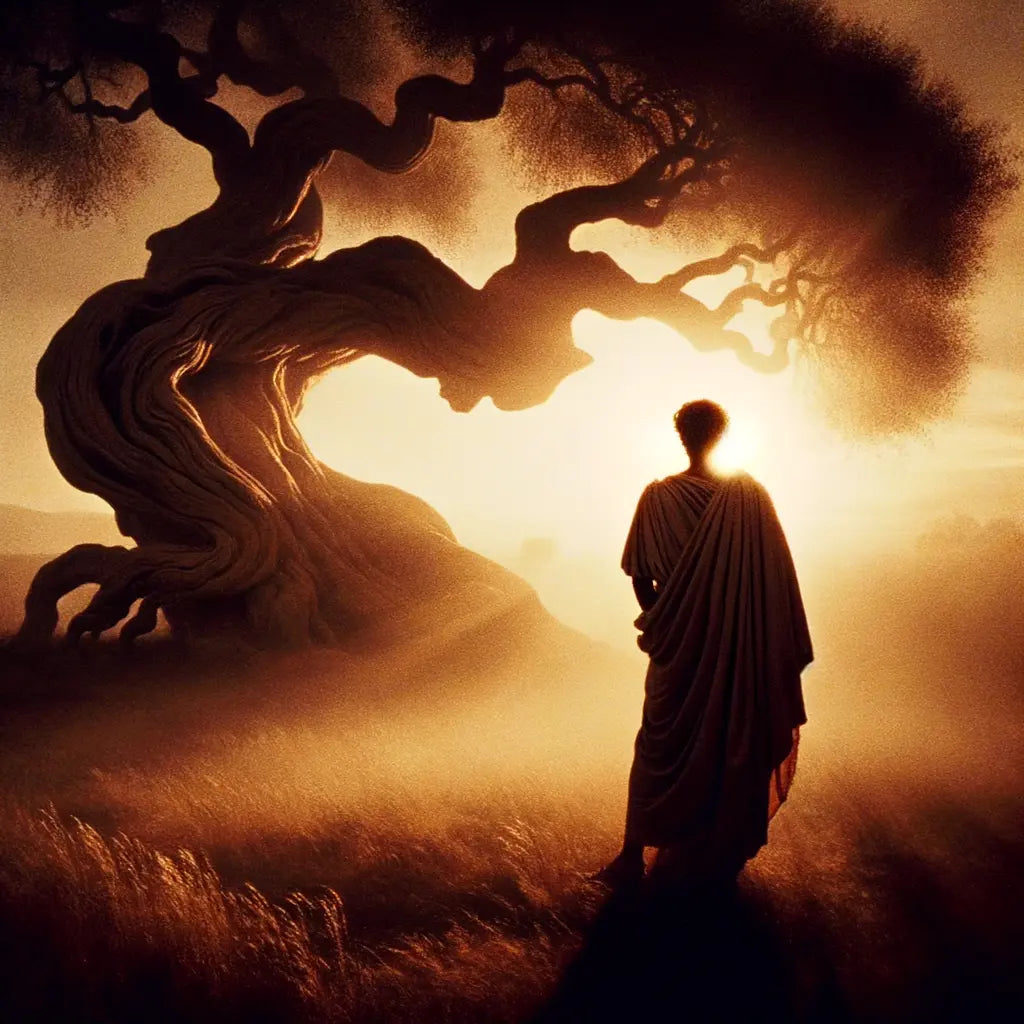 Silhouette of an ancient Greek philosopher before a twisting tree, symbolic of Stoic teachings, in a tranquil grove.