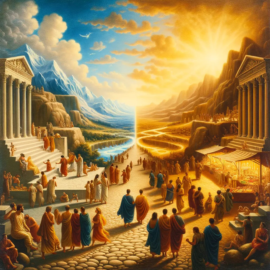 Two diverging paths: one leading to tranquil blue mountains representing Stoicism, the other to a lively Roman market symbolizing Sophistry, in a 1960s epic style.