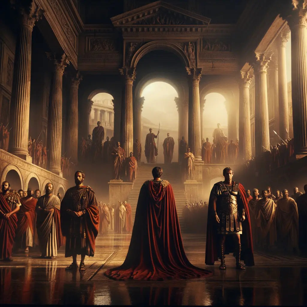 Julius Caesar and Augustus set against Roman architectural wonders, capturing the transition from Republic to Empire, styled like 1960s historical epics.