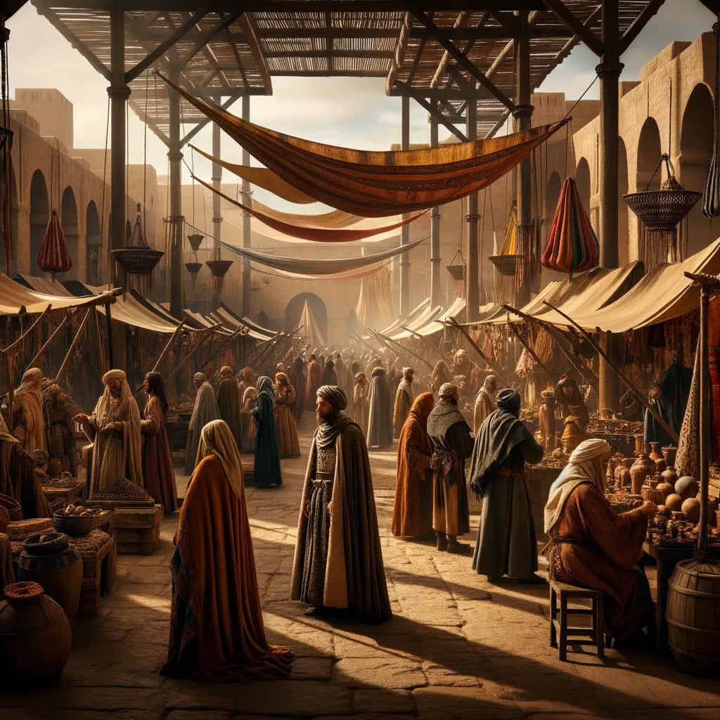 9th-century Frankish marketplace with diverse cultures during Charles the Bald's rule, inspired by 1960s historical film style.