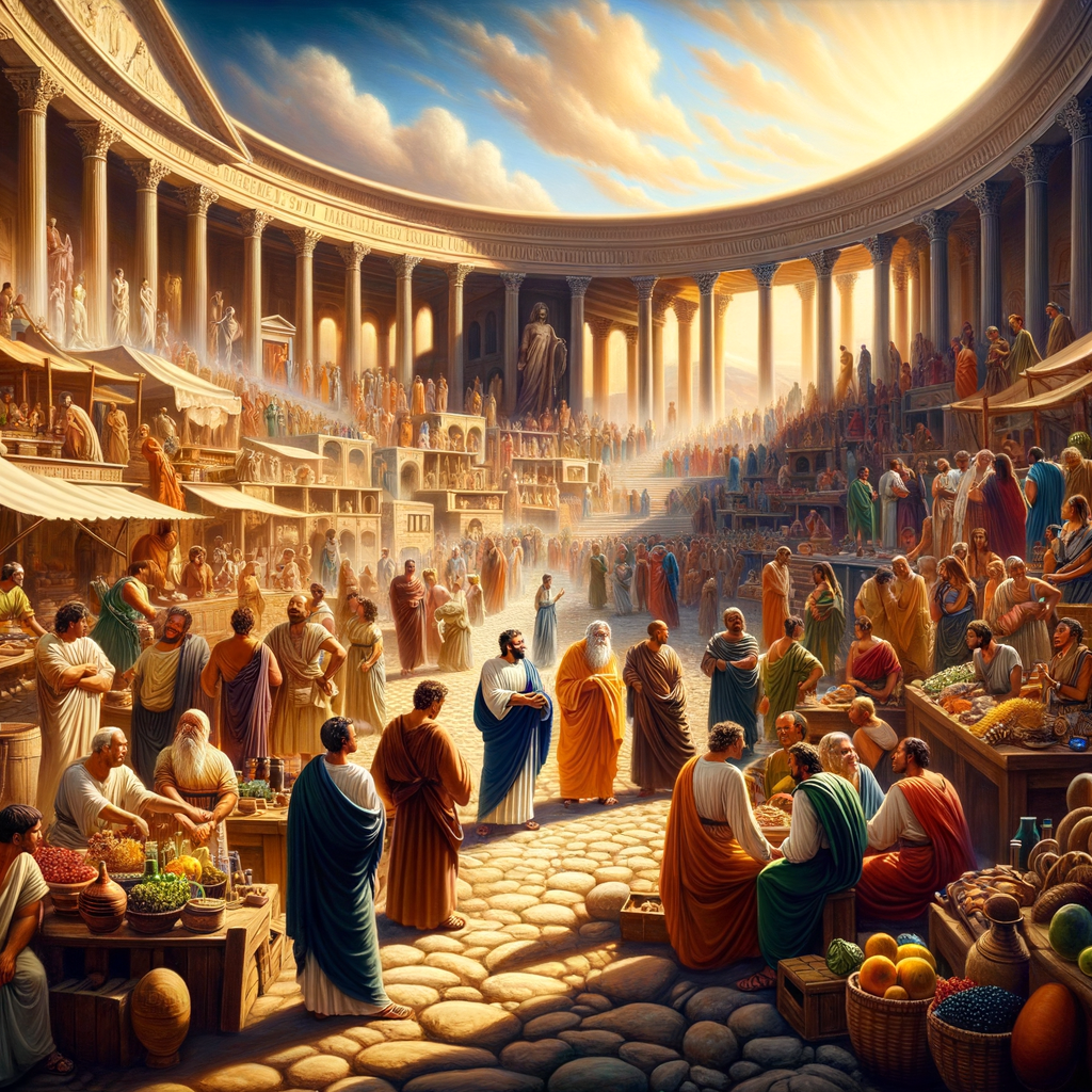 Bustling ancient Roman market with diverse people interacting, centered on a philosopher in a toga, reflecting the universality of Koine Greek.