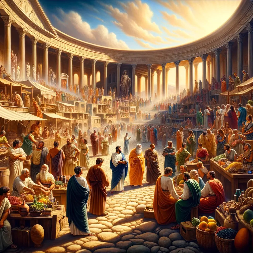 Bustling ancient Roman market with diverse people interacting, centered on a philosopher in a toga, reflecting the universality of Koine Greek.