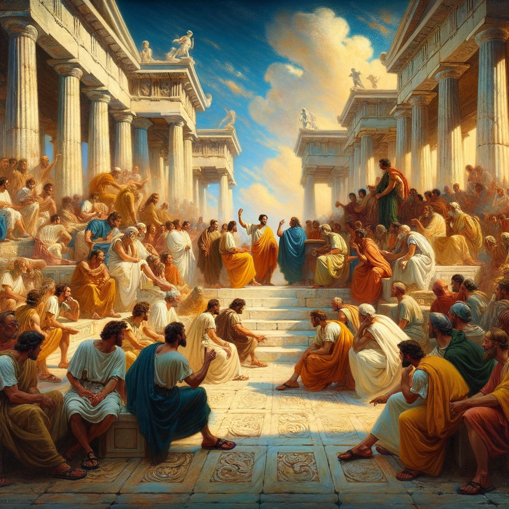 Ancient Greek marketplace with diverse figures in debate, including Epictetus, in vibrant 1960s epic film style.