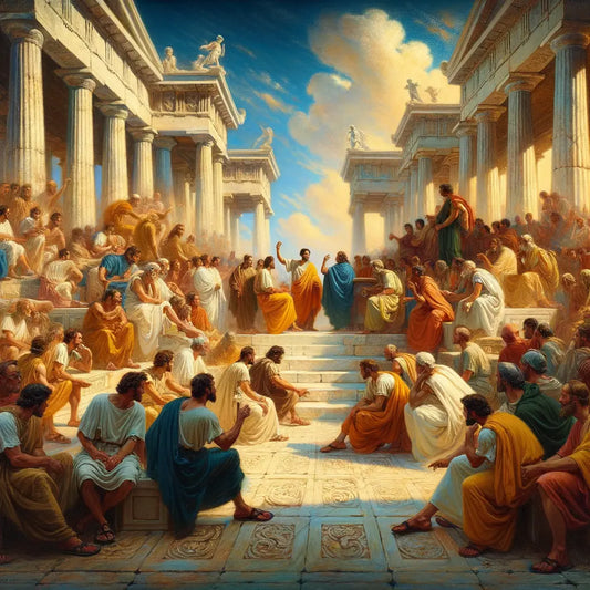 Ancient Greek marketplace with diverse figures in debate, including Epictetus, in vibrant 1960s epic film style.