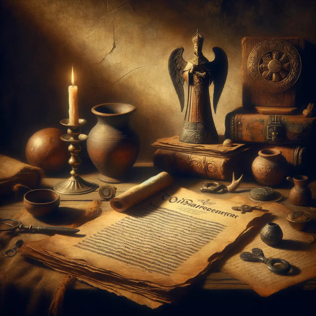 Old Prussian document and artifacts lit by a candle, in an oil painting style.