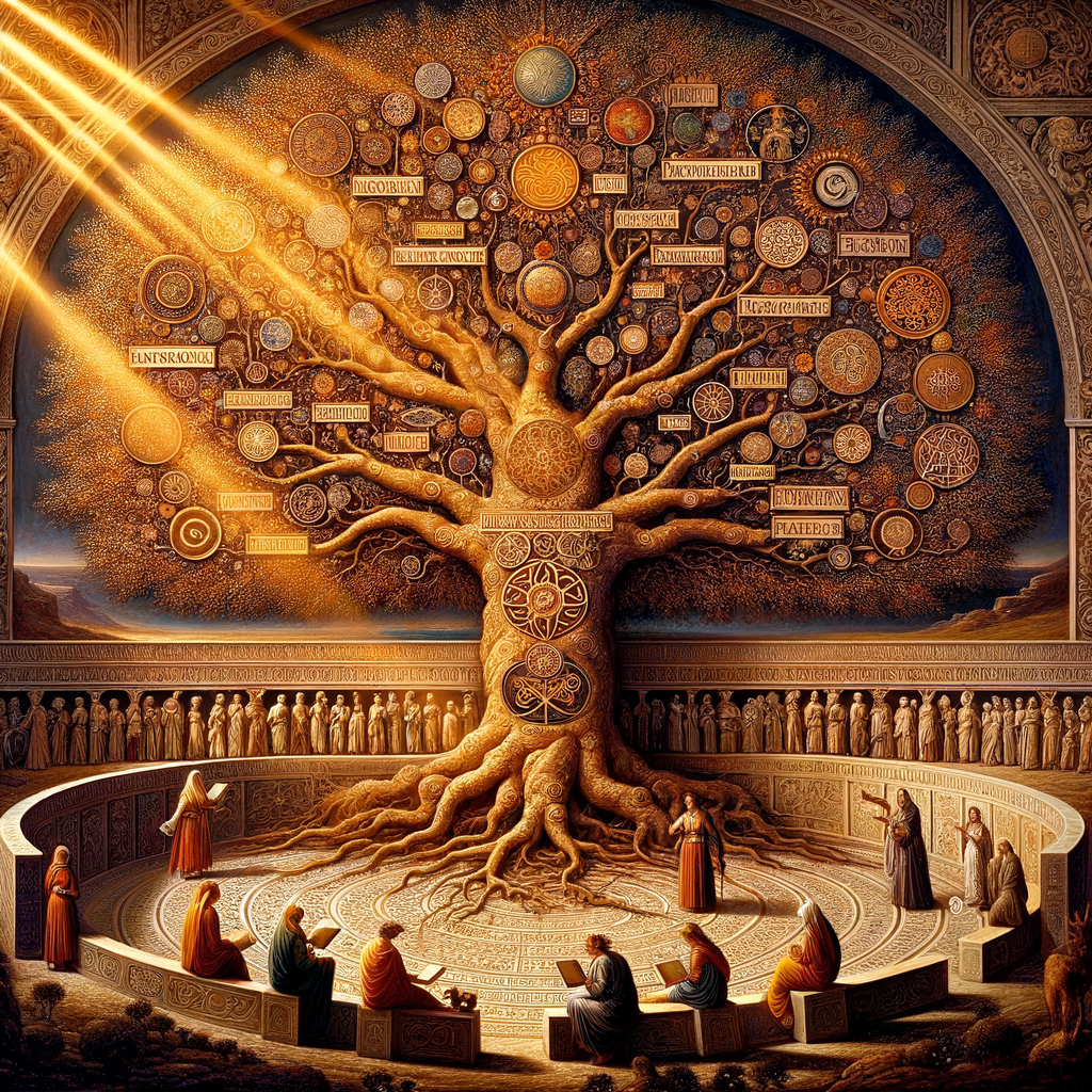 Mosaic of a tree illustrating Germanic languages with branches for English, German, Dutch, and Scandinavian, in a cinematic historical style.
