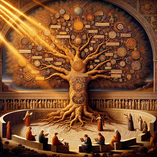 Mosaic of a tree illustrating Germanic languages with branches for English, German, Dutch, and Scandinavian, in a cinematic historical style.