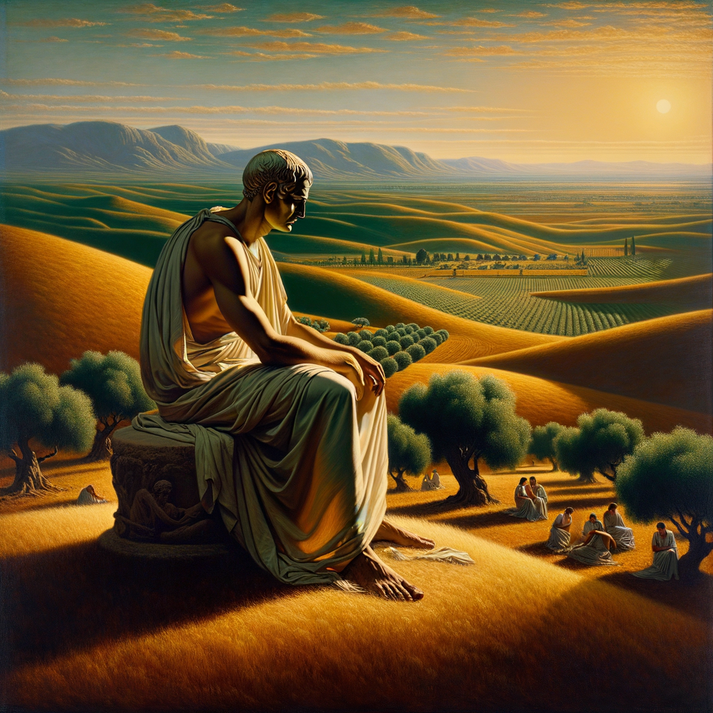 An ancient Roman philosopher in a toga, contemplating amidst a serene landscape with olive trees, in a painting style inspired by 1960s historical epic films.