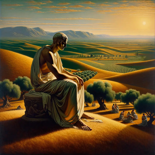 An ancient Roman philosopher in a toga, contemplating amidst a serene landscape with olive trees, in a painting style inspired by 1960s historical epic films.