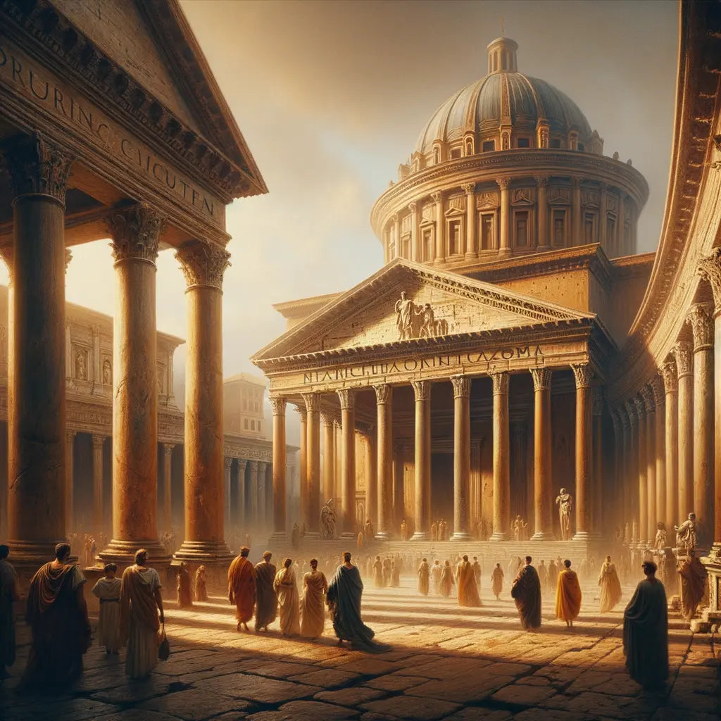 Majestic Roman structure with arches and domes in a cinematic painting, inspired by 1960s historical epics, depicting the grandeur of ancient Roman architecture.