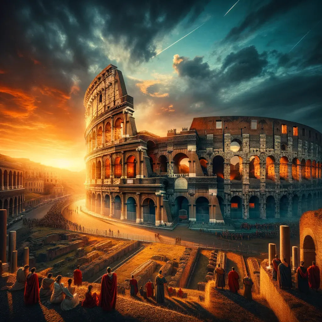 A panoramic view of the Roman Colosseum at sunset, highlighting its majestic architecture, with figures in Roman attire, inspired by 1960s historical films.
