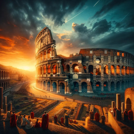 A panoramic view of the Roman Colosseum at sunset, highlighting its majestic architecture, with figures in Roman attire, inspired by 1960s historical films.