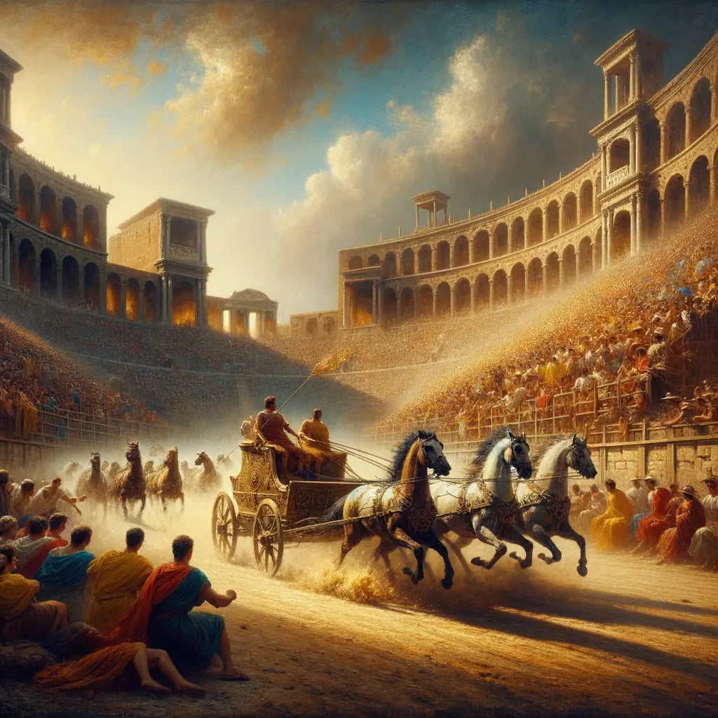A vibrant scene of the Circus Maximus filled with a lively crowd and charioteers, capturing the grandeur of Roman society and architecture in a cinematic, historical epic style.