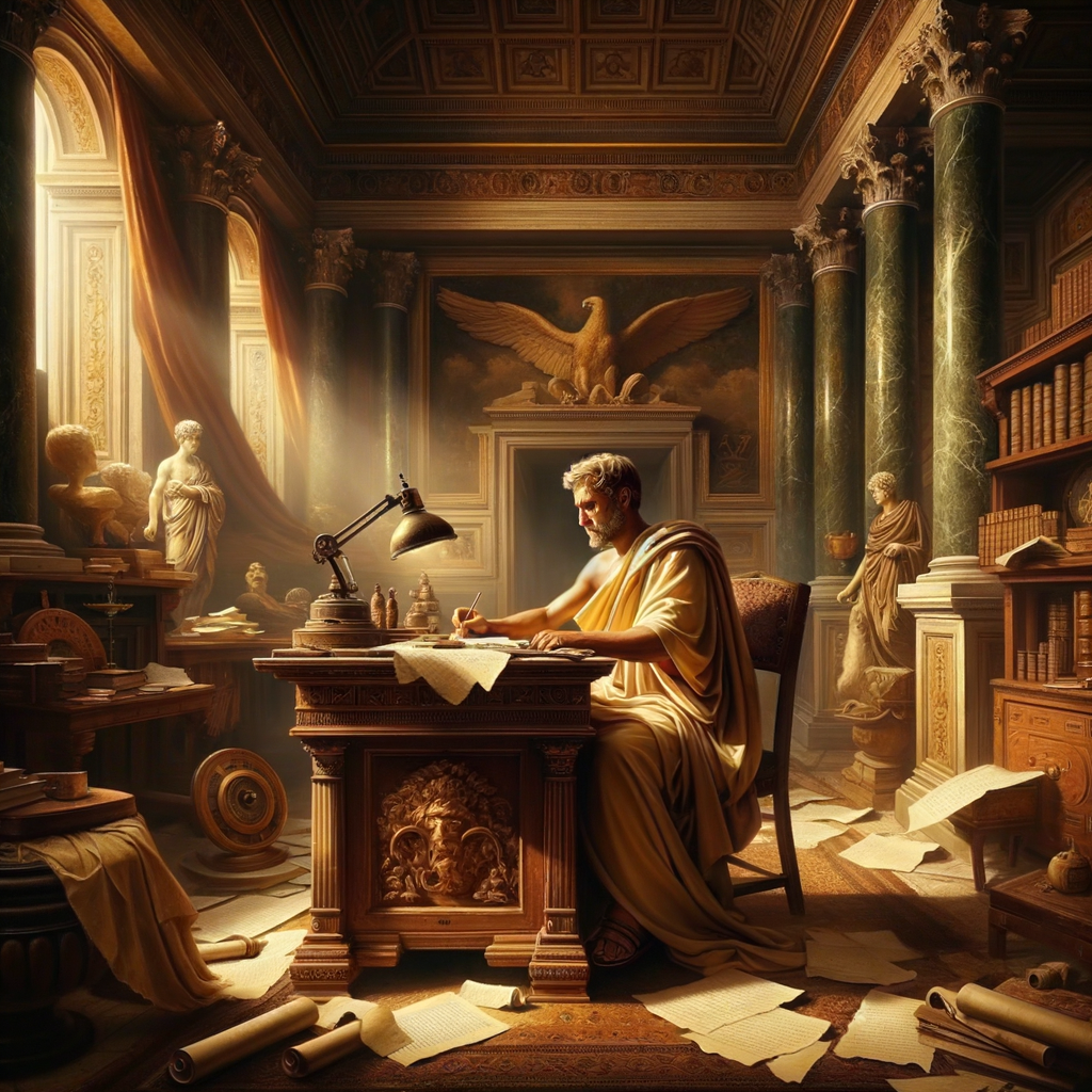 A Roman philosopher writing at a wooden table, surrounded by ancient scrolls, columns, and frescoes, in a scene inspired by 1960s historical epic films.