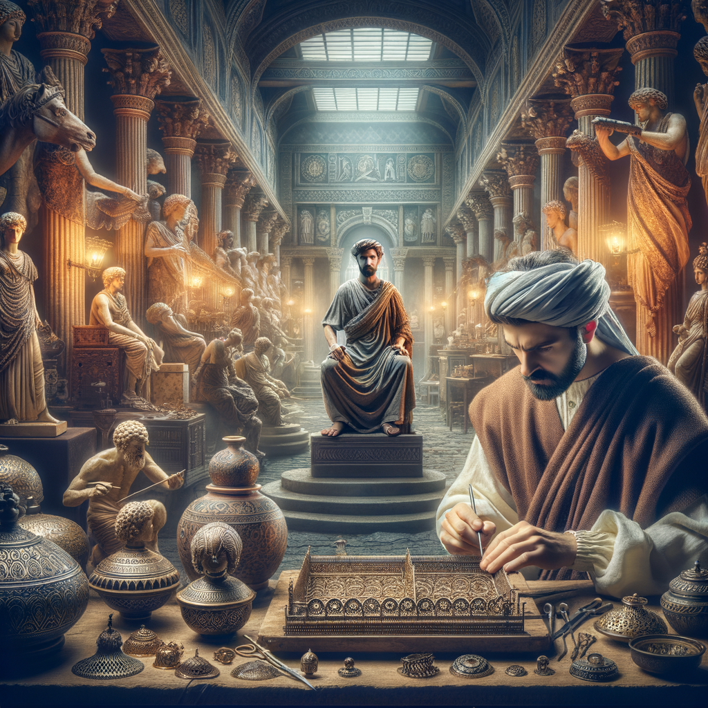 Roman craftsman working on intricate jewelry and sculptures in a workshop filled with classical Roman elements.