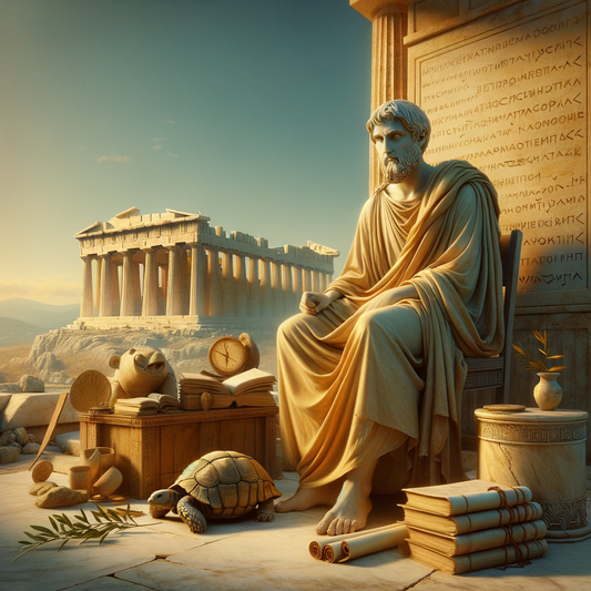 An ancient Greek philosopher seated serenely with scrolls and symbols of Stoic philosophy, against a backdrop akin to a classic historical film.