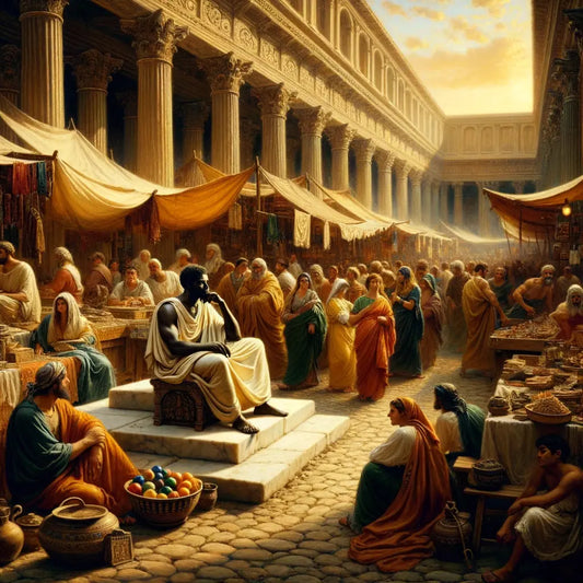 Marcus Aurelius-like philosopher seated calmly with scroll amidst vibrant Roman marketplace, styled after 1960s historical epics.
