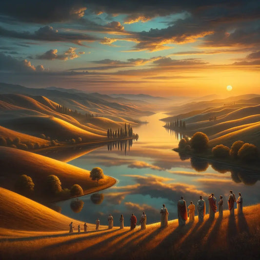 Serene dawn at a Roman lake, philosophers in contemplation, with hills bathed in early morning light, reminiscent of classic historical film styles.