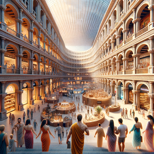 A bustling aisle in the Colosseum Mall with vintage jewelry and modern sneakers on display, capturing the blend of ancient and contemporary styles, inspired by classic historical films.