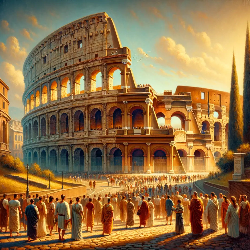 The Colosseum with tourists in modern attire, alongside Roman figures in togas, in a grand historical painting style.