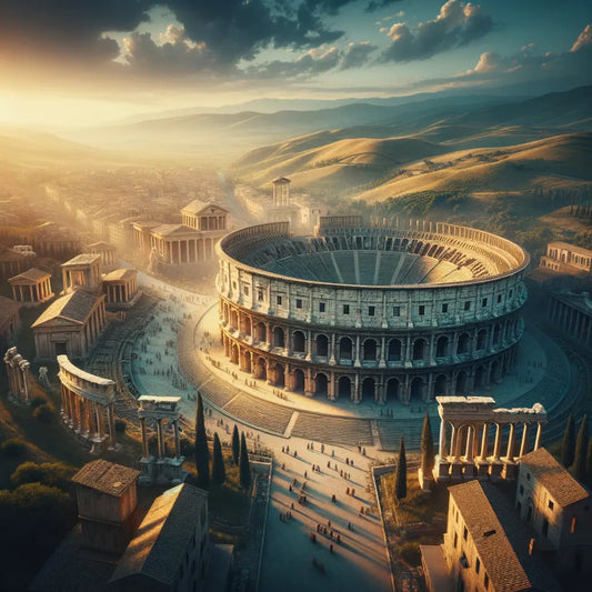 Aerial view of the Roman Colosseum and historic cityscape of Rome, styled like a 1960s historical film painting.