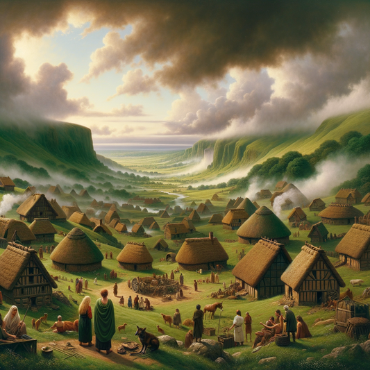 Celtic village in ancient Gaul, surrounded by rolling green hills under a misty sky, reflecting Gallic heritage in a cinematic 1960s epic style.