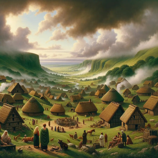 Celtic village in ancient Gaul, surrounded by rolling green hills under a misty sky, reflecting Gallic heritage in a cinematic 1960s epic style.