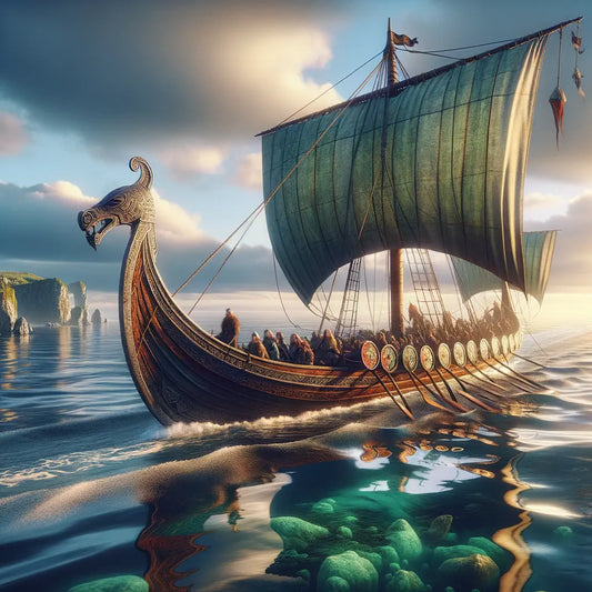 Viking longship sailing on a calm sea with lush green coastlines in the background, painted in a style reminiscent of 1960s historical epics.