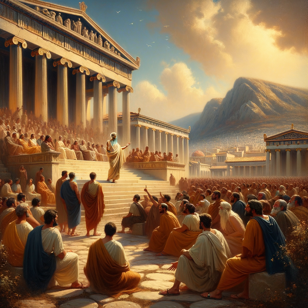 Socrates in animated discussion with his followers in ancient Athens, set against classical architecture and open skies, in the style of 1960s historical films.
