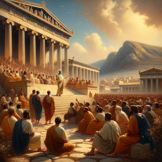 Socrates in animated discussion with his followers in ancient Athens, set against classical architecture and open skies, in the style of 1960s historical films.