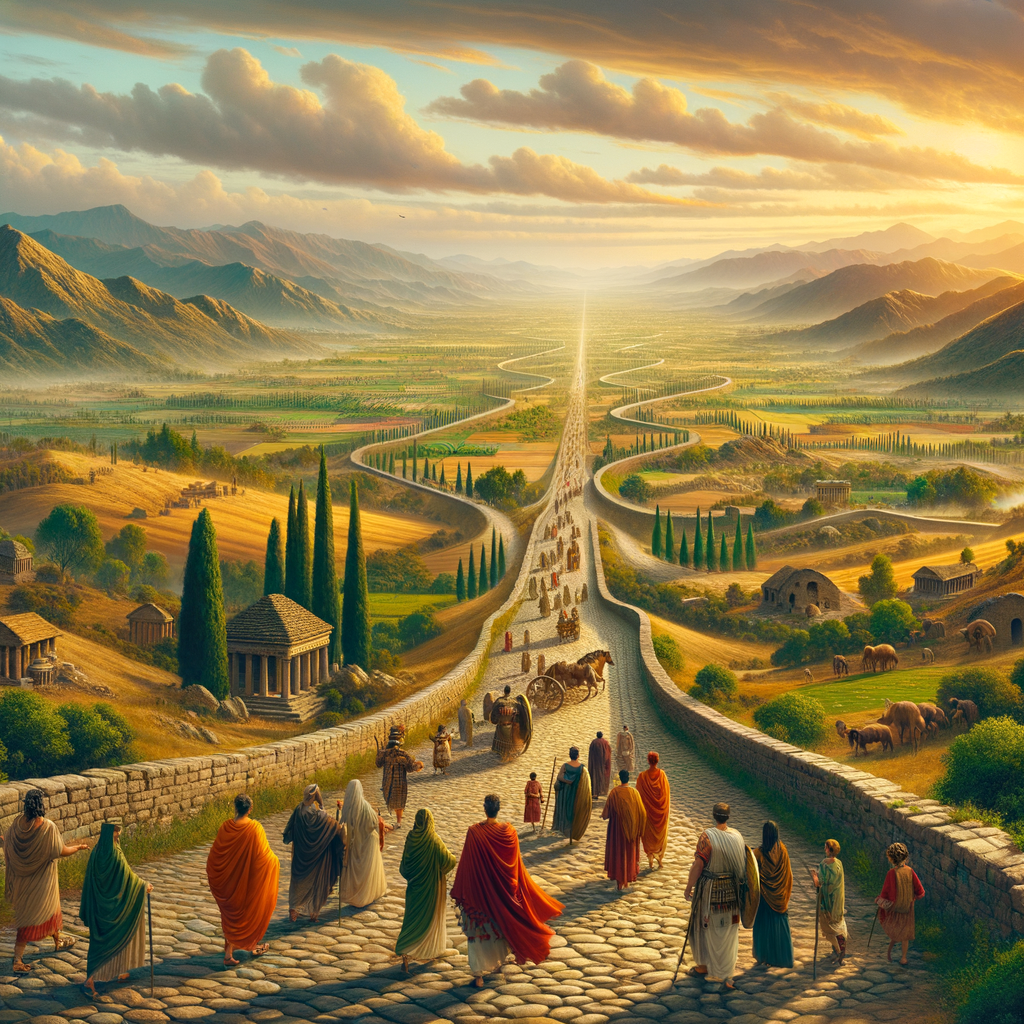 Ancient Roman roads winding through diverse landscapes with travelers symbolizing cultural diversity, in a cinematic painting style.