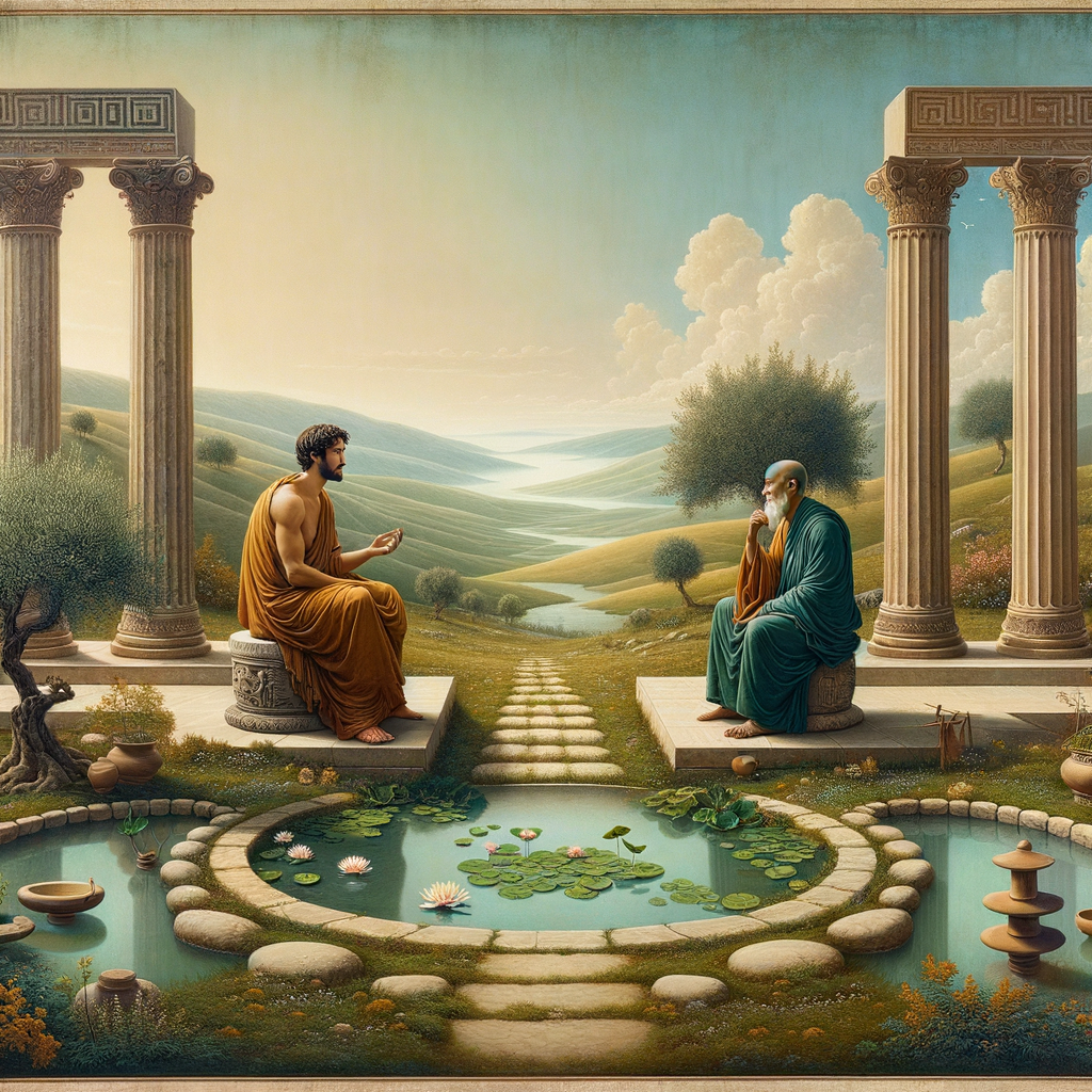 An intersection of Greek and Asian cultural elements in a serene landscape, illustrating harmony between Stoicism and Zen Buddhism in a cinematic 1960s epic style.
