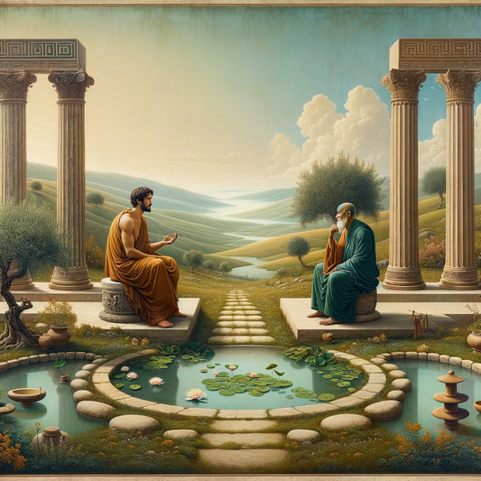 An intersection of Greek and Asian cultural elements in a serene landscape, illustrating harmony between Stoicism and Zen Buddhism in a cinematic 1960s epic style.