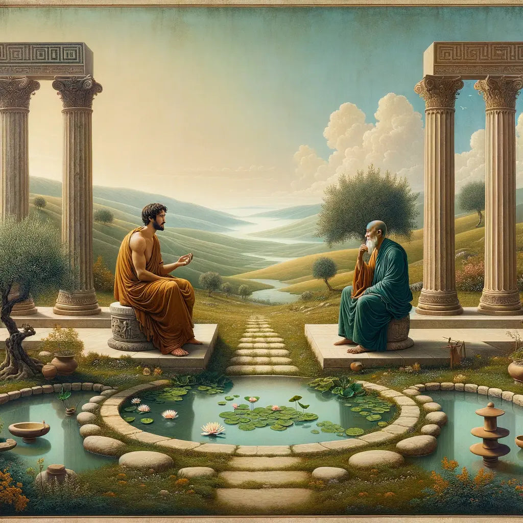 An intersection of Greek and Asian cultural elements in a serene landscape, illustrating harmony between Stoicism and Zen Buddhism in a cinematic 1960s epic style.