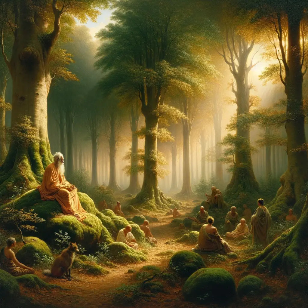 A serene forest scene symbolizing inner calmness, with an ancient Roman philosopher meditating on a stone and followers in contemplative poses, evoking a 1960s historical epic film aesthetic.